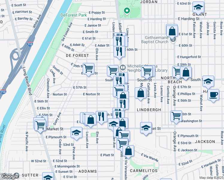 map of restaurants, bars, coffee shops, grocery stores, and more near 5709 Linden Avenue in Long Beach