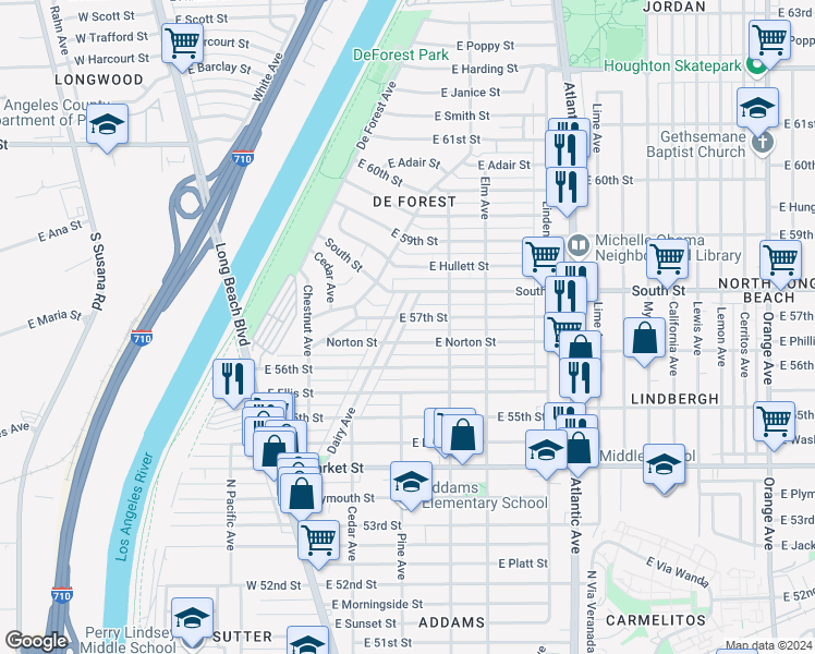 map of restaurants, bars, coffee shops, grocery stores, and more near 237 East 57th Street in Long Beach