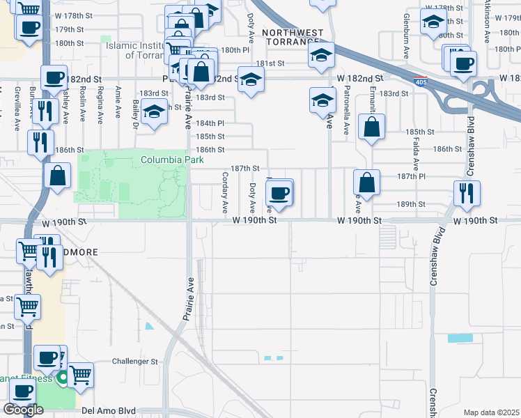 map of restaurants, bars, coffee shops, grocery stores, and more near 18826 Doty Avenue in Torrance