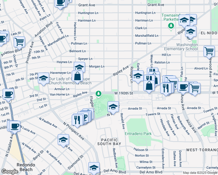 map of restaurants, bars, coffee shops, grocery stores, and more near 518 Cluster Lane in Redondo Beach