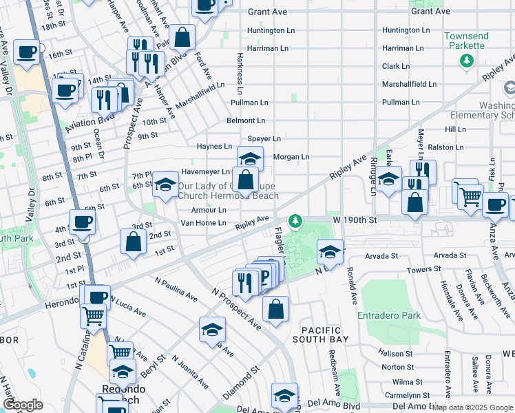 map of restaurants, bars, coffee shops, grocery stores, and more near 1812 Spreckels Lane in Redondo Beach