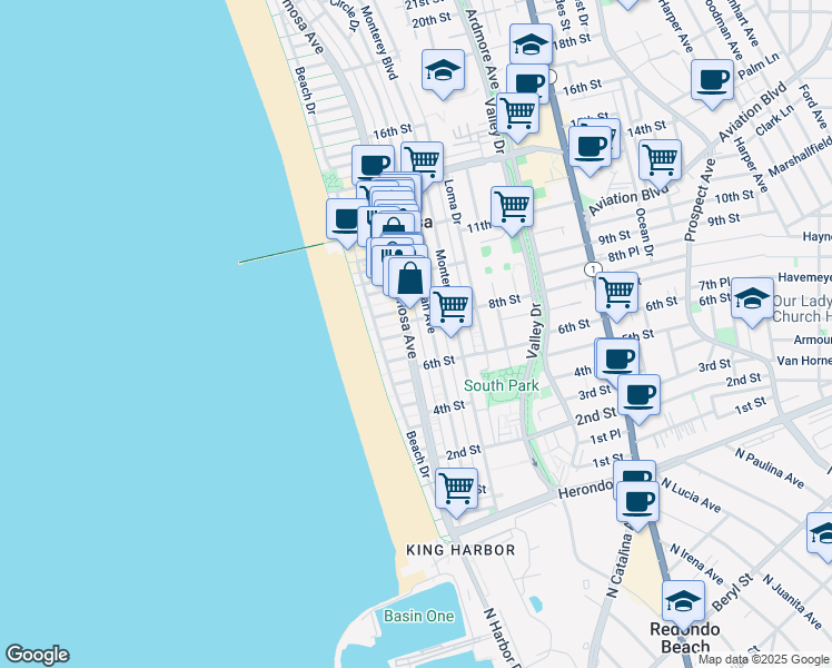map of restaurants, bars, coffee shops, grocery stores, and more near in Hermosa Beach