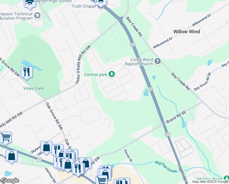 map of restaurants, bars, coffee shops, grocery stores, and more near 35 Henson Farm Drive in Loganville