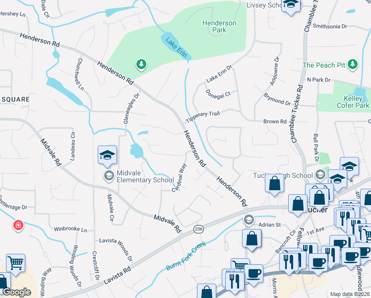 map of restaurants, bars, coffee shops, grocery stores, and more near 2559 Henderson Road in Tucker