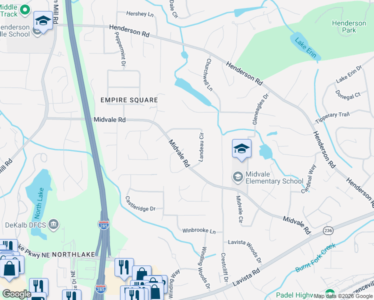 map of restaurants, bars, coffee shops, grocery stores, and more near 3658 Midvale Road in Tucker