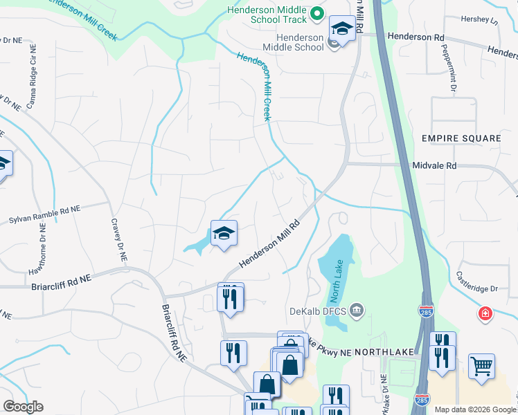 map of restaurants, bars, coffee shops, grocery stores, and more near 2483 Kings Arms Drive in Atlanta