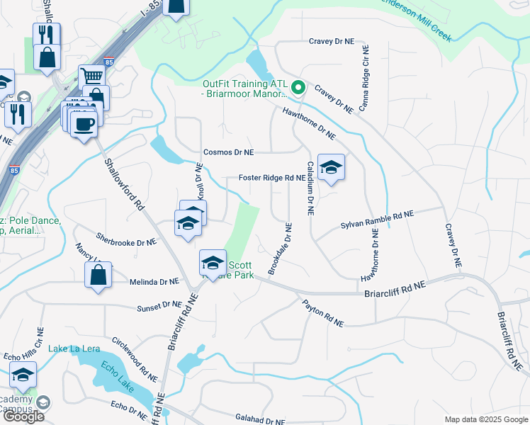 map of restaurants, bars, coffee shops, grocery stores, and more near 2490 Brookcliff Way Northeast in Atlanta