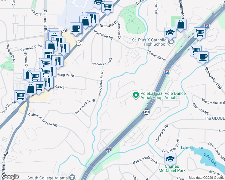 map of restaurants, bars, coffee shops, grocery stores, and more near 2200 Capehart Circle Northeast in Atlanta