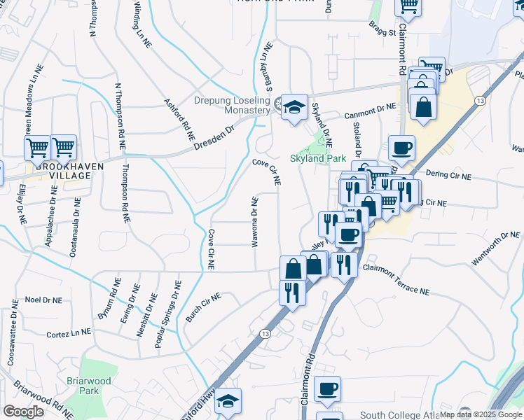 map of restaurants, bars, coffee shops, grocery stores, and more near 2497 Wawona Drive Northeast in Atlanta