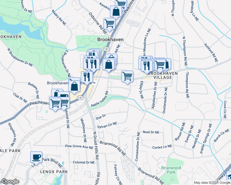 map of restaurants, bars, coffee shops, grocery stores, and more near 1294 Fernwood Circle Northeast in Atlanta