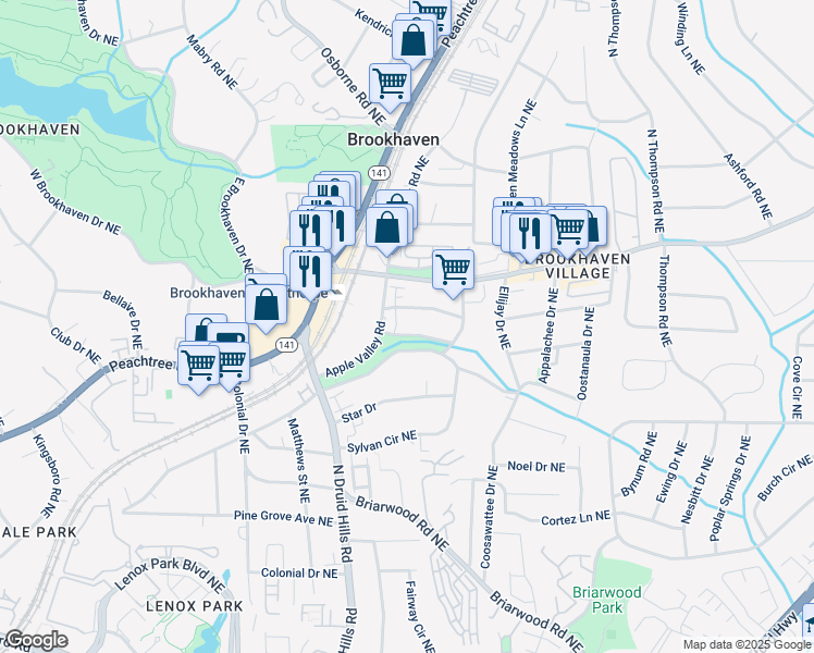 map of restaurants, bars, coffee shops, grocery stores, and more near 1290 Fernwood Circle Northeast in Atlanta