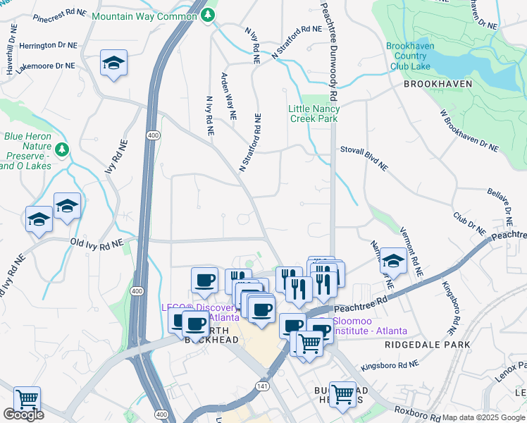 map of restaurants, bars, coffee shops, grocery stores, and more near 3809 Wieuca Road Northeast in Atlanta