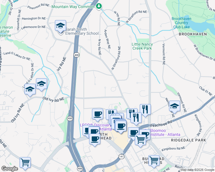 map of restaurants, bars, coffee shops, grocery stores, and more near 3805 Ivy Lane Northeast in Atlanta