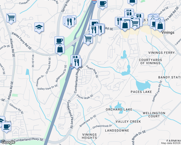 map of restaurants, bars, coffee shops, grocery stores, and more near 3825 Paces Walk Southeast in Atlanta