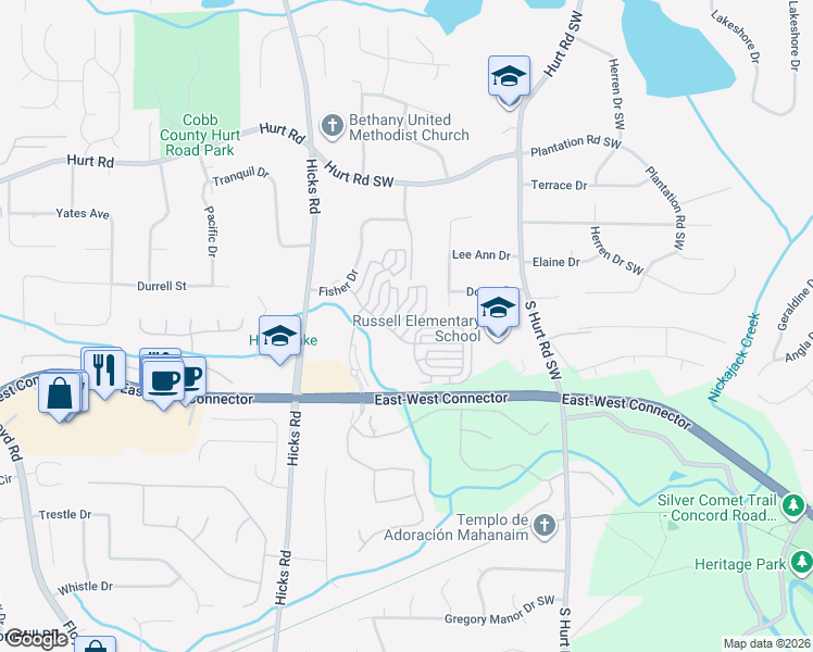 map of restaurants, bars, coffee shops, grocery stores, and more near 3955 Covey Flush Court Southwest in Smyrna
