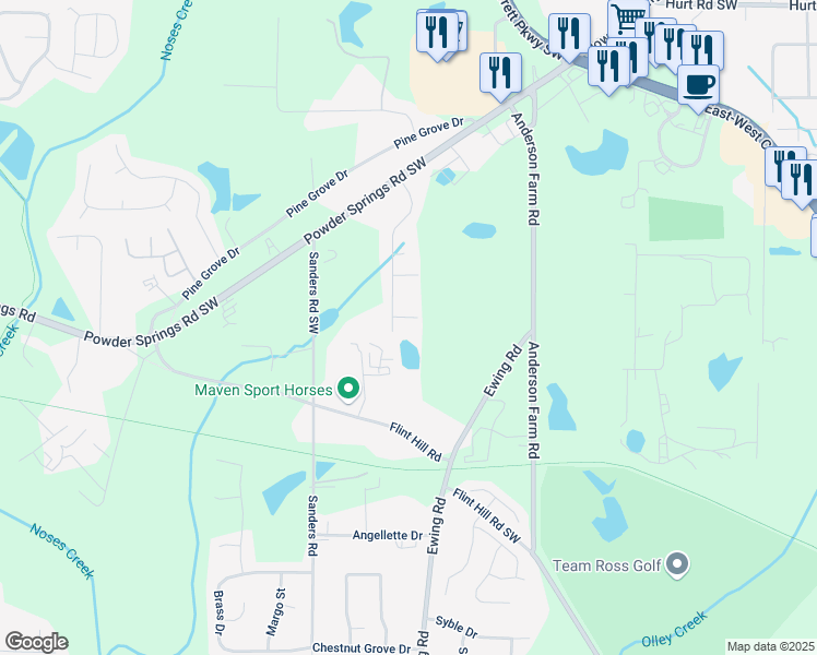 map of restaurants, bars, coffee shops, grocery stores, and more near 2867 Ash Street Southwest in Marietta