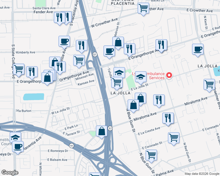 map of restaurants, bars, coffee shops, grocery stores, and more near 936 Gonzales Street in Placentia