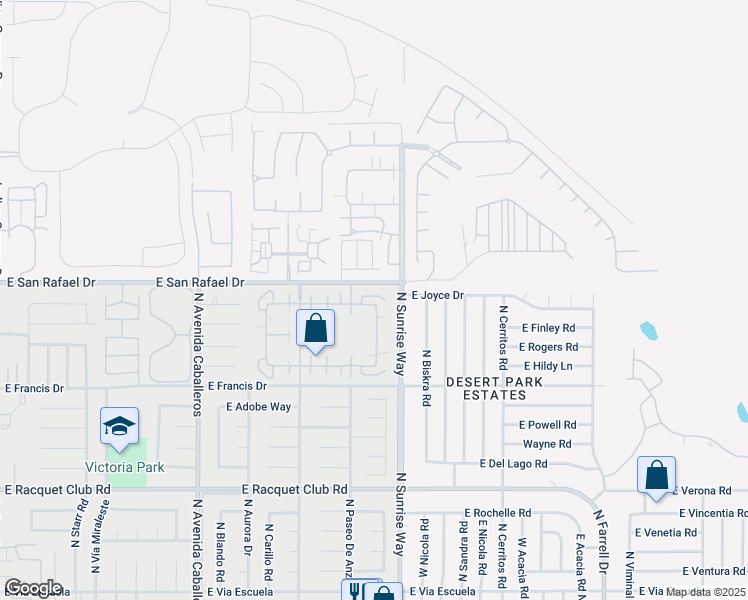 map of restaurants, bars, coffee shops, grocery stores, and more near 1589 Sunflower Court North in Palm Springs