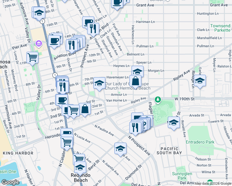 map of restaurants, bars, coffee shops, grocery stores, and more near 1637 Armour Lane in Redondo Beach