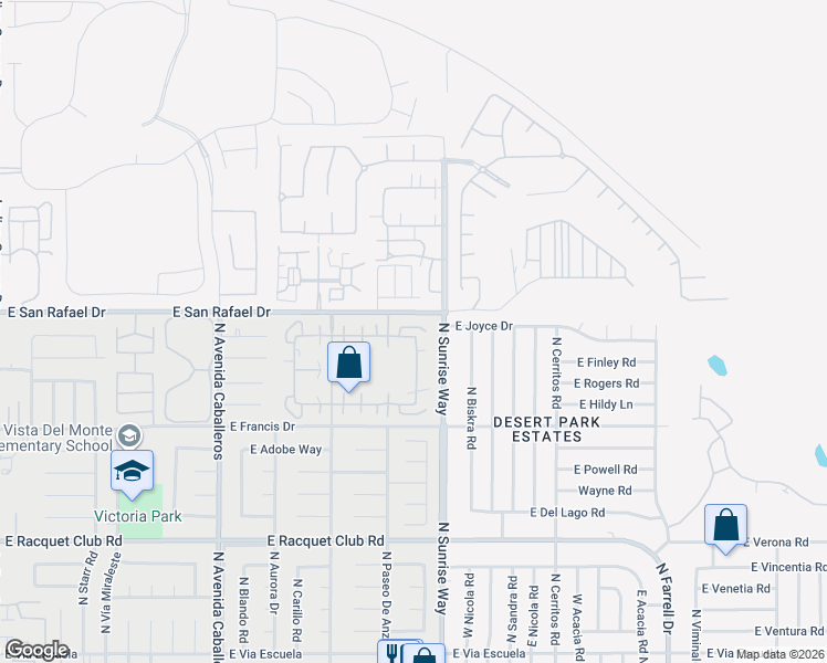 map of restaurants, bars, coffee shops, grocery stores, and more near 1589 Sunflower Court South in Palm Springs