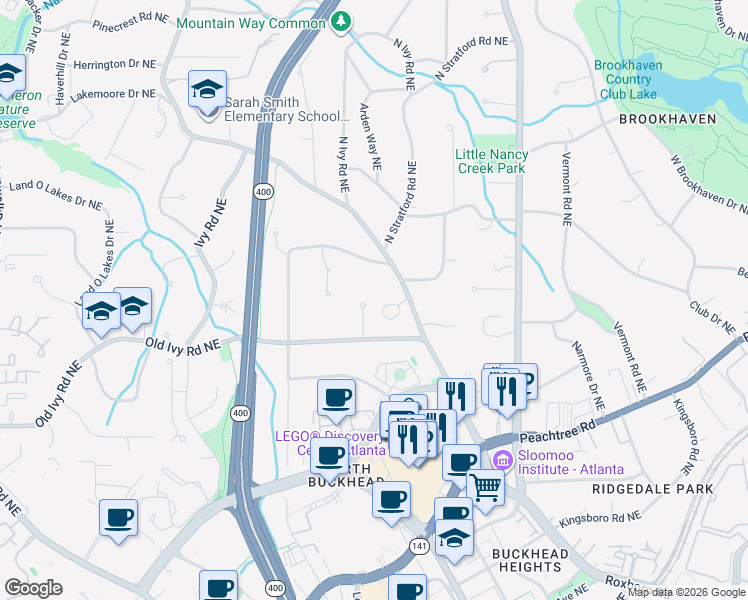 map of restaurants, bars, coffee shops, grocery stores, and more near 3805 Ivy Lane Northeast in Atlanta