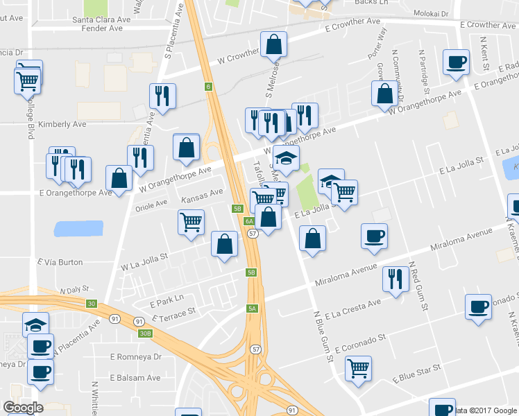 map of restaurants, bars, coffee shops, grocery stores, and more near 936 Gonzales Street in Placentia