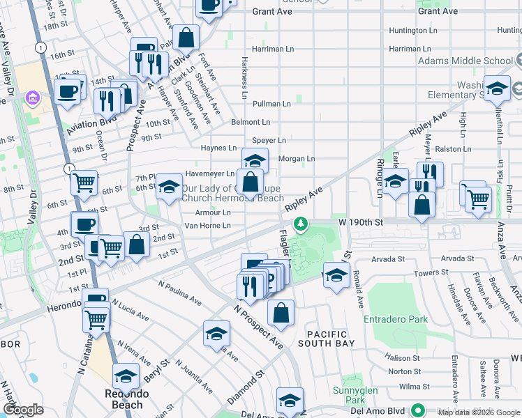 map of restaurants, bars, coffee shops, grocery stores, and more near 1811 Armour Lane in Redondo Beach