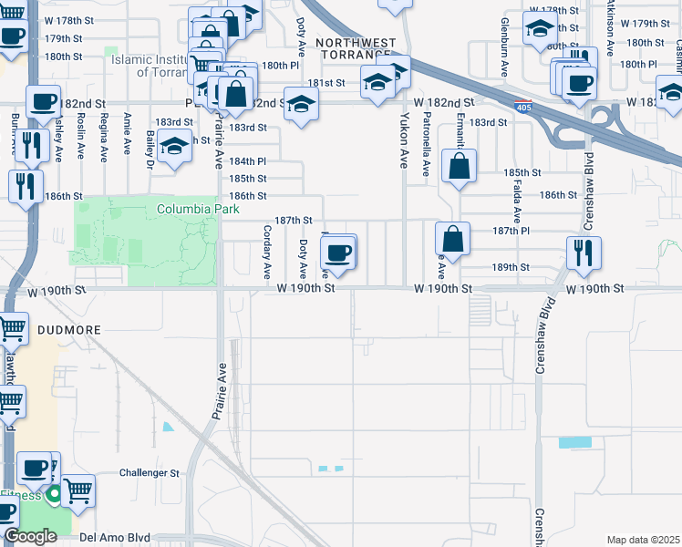 map of restaurants, bars, coffee shops, grocery stores, and more near 3725 West 190th Street in Torrance