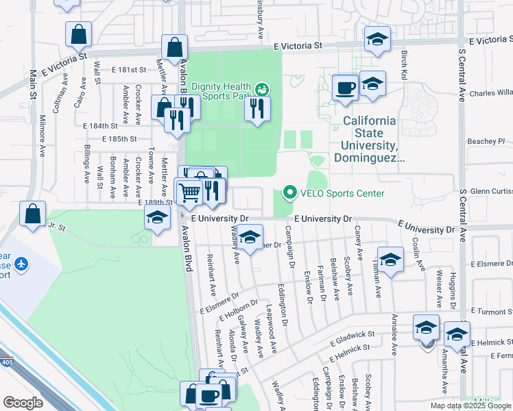 map of restaurants, bars, coffee shops, grocery stores, and more near 745 Howard Avenue in Carson