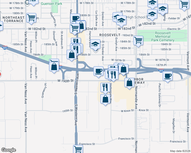 map of restaurants, bars, coffee shops, grocery stores, and more near 1515 West 190th Street in Gardena