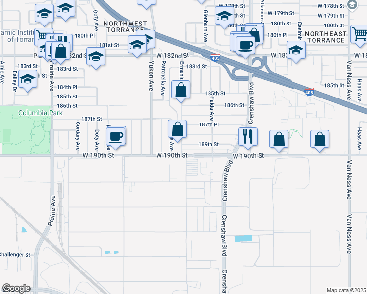 map of restaurants, bars, coffee shops, grocery stores, and more near 3428 189th Street in Torrance