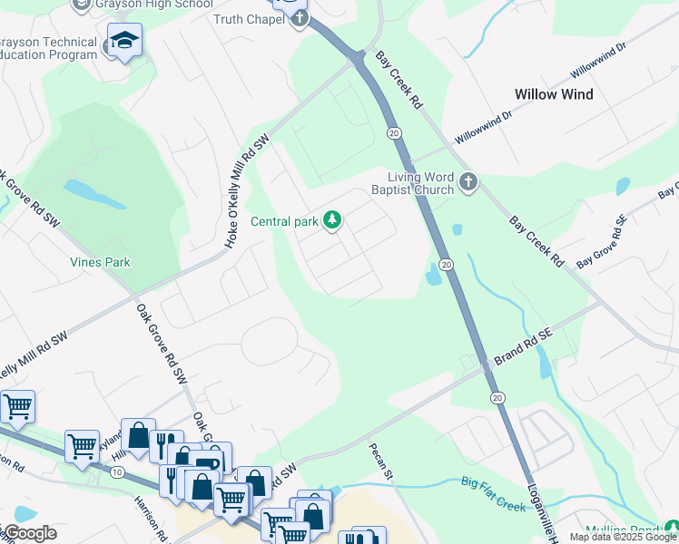 map of restaurants, bars, coffee shops, grocery stores, and more near 35 Henson Farm Drive in Loganville