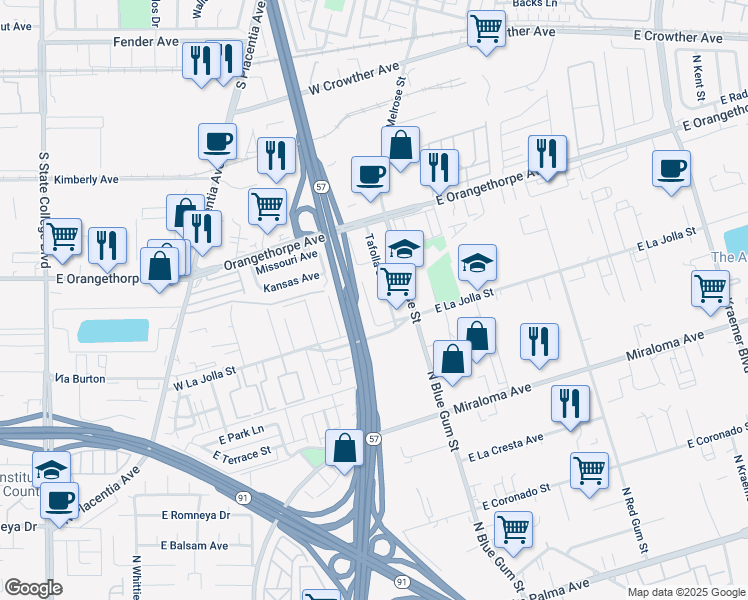 map of restaurants, bars, coffee shops, grocery stores, and more near 936 Gonzales Street in Placentia