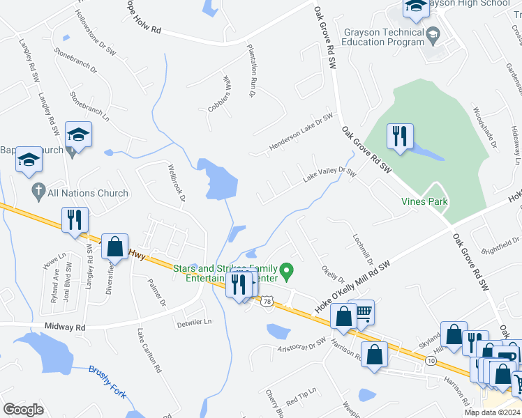 map of restaurants, bars, coffee shops, grocery stores, and more near 350 Lake Valley Drive Southwest in Loganville