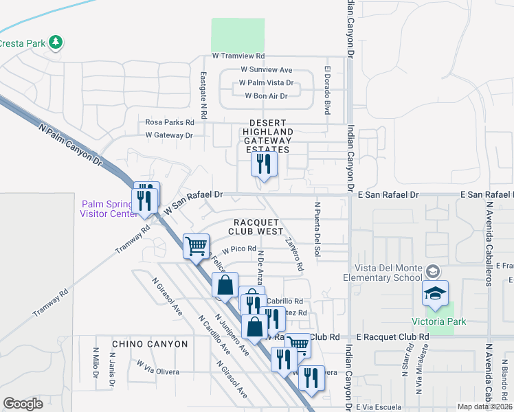 map of restaurants, bars, coffee shops, grocery stores, and more near 420 North Villa Court in Palm Springs