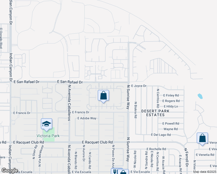 map of restaurants, bars, coffee shops, grocery stores, and more near 1444 Sunflower Circle North in Palm Springs