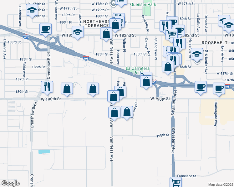 map of restaurants, bars, coffee shops, grocery stores, and more near 18913 Haas Avenue in Torrance