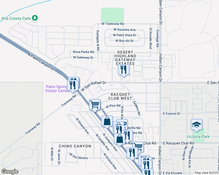map of restaurants, bars, coffee shops, grocery stores, and more near 510 West San Rafael Drive in Palm Springs