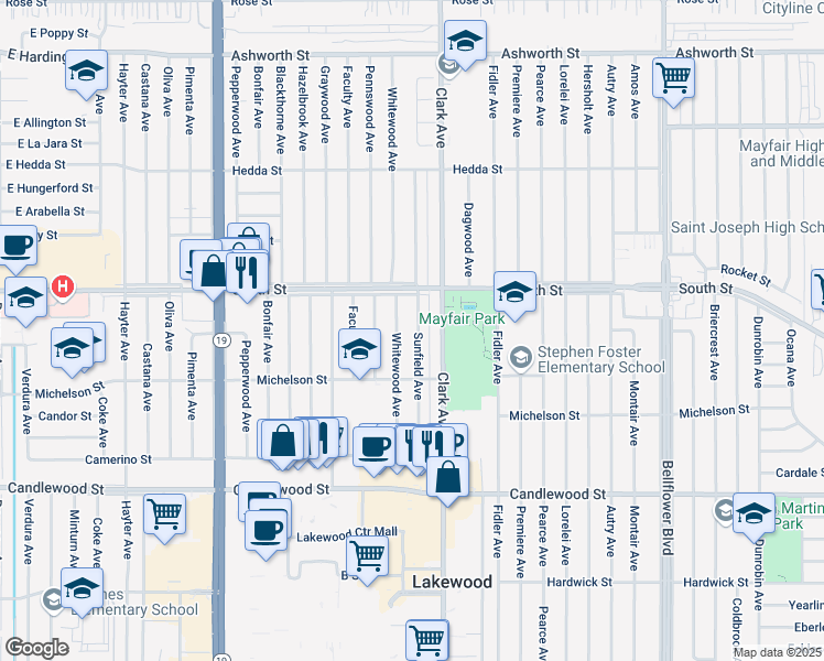 map of restaurants, bars, coffee shops, grocery stores, and more near 5728 Whitewood Avenue in Lakewood