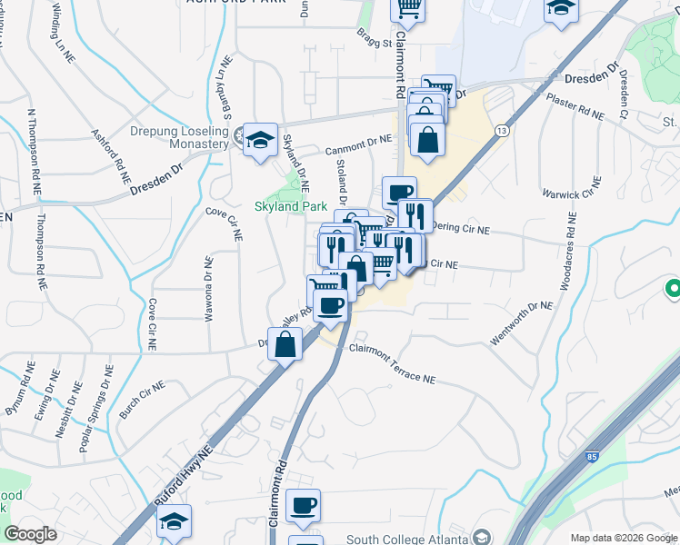 map of restaurants, bars, coffee shops, grocery stores, and more near 3436 Clairmont Road in Atlanta