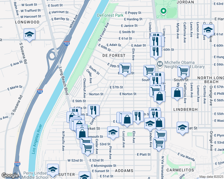 map of restaurants, bars, coffee shops, grocery stores, and more near 220 East 57th Street in Long Beach