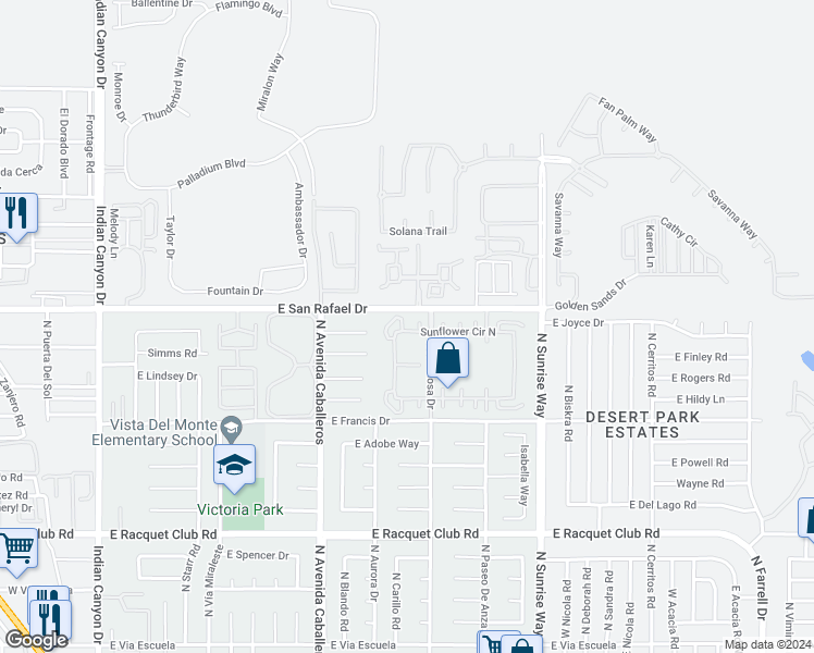 map of restaurants, bars, coffee shops, grocery stores, and more near 3168 Sunflower Loop North in Palm Springs