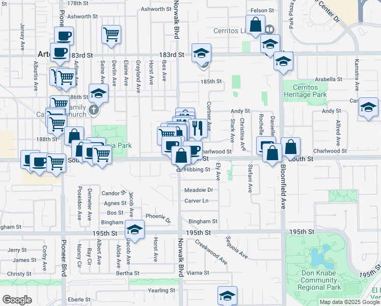 map of restaurants, bars, coffee shops, grocery stores, and more near 18903 Belshire Avenue in Cerritos