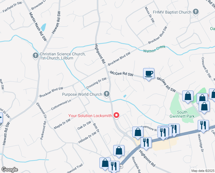 map of restaurants, bars, coffee shops, grocery stores, and more near 1855 Highpoint Road in Snellville