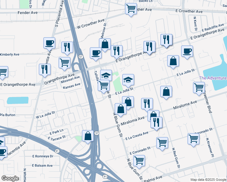 map of restaurants, bars, coffee shops, grocery stores, and more near 974 South Melrose Street in Placentia