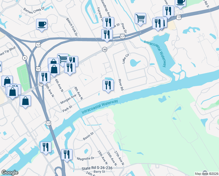 map of restaurants, bars, coffee shops, grocery stores, and more near 4191 Mini Market Road in Little River