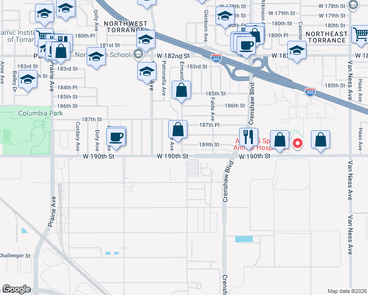 map of restaurants, bars, coffee shops, grocery stores, and more near 3428 189th Street in Torrance