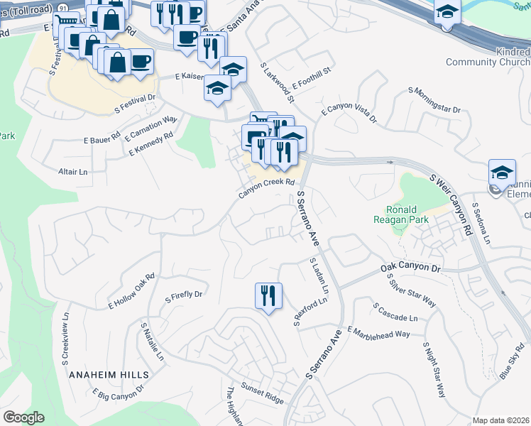 map of restaurants, bars, coffee shops, grocery stores, and more near 8237 East Blackwillow Circle in Anaheim
