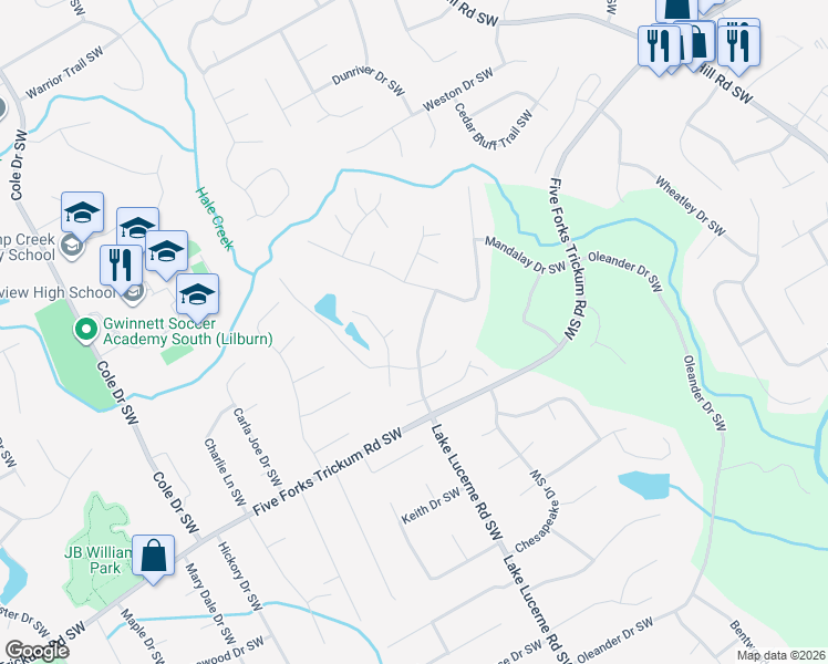 map of restaurants, bars, coffee shops, grocery stores, and more near 4454 Newport View Court in Lilburn