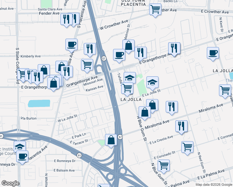 map of restaurants, bars, coffee shops, grocery stores, and more near 929 Gonzales Street in Placentia